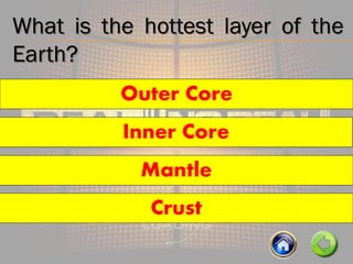 What is the hottest layer of the
Earth?
Outer Core
Crust
Inner Core
Mantle
 