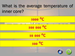 What is the average temperature of
inner core?
500 000 ⁰C
5000 ⁰C
500 ⁰C
50 000 ⁰C
 