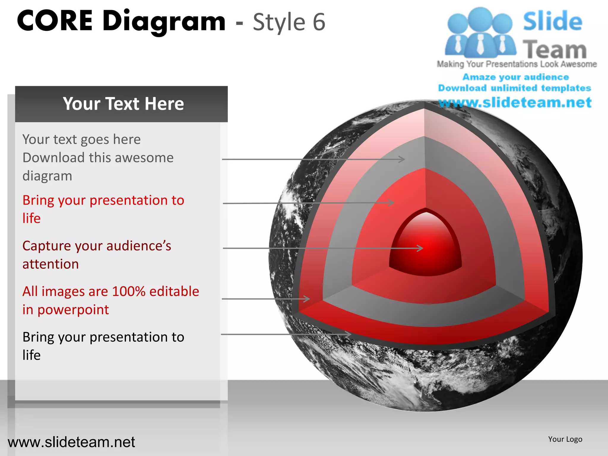 Layers of the earth core diagram design 6 powerpoint ppt slides. | PPT