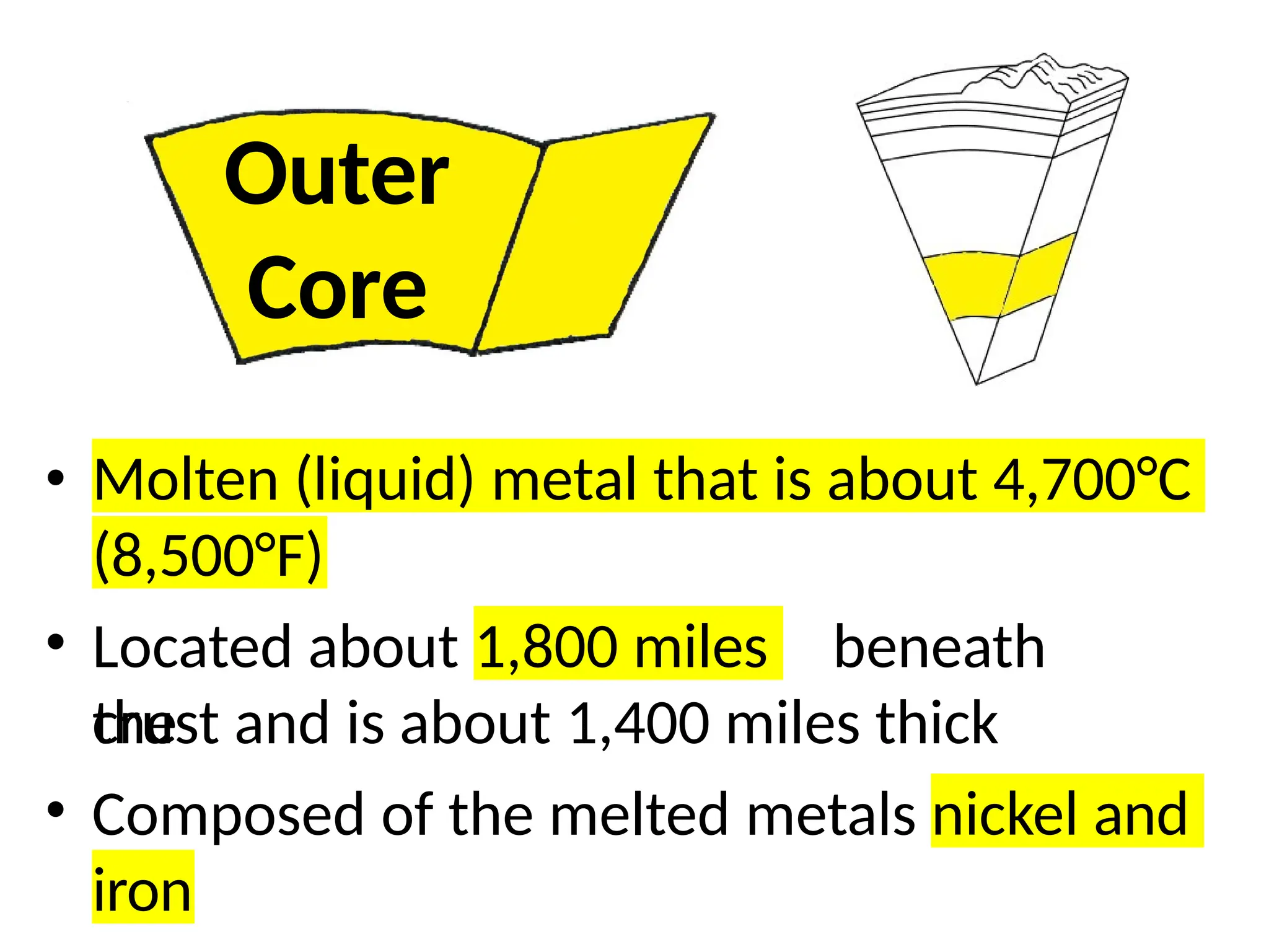 Outer
Core
• Molten (liquid) metal that is about 4,700°C
(8,500°F)
1,800 miles
• Located about beneath
the
crust and is about 1,400 miles thick
• Composed of the melted metals nickel and
iron
 