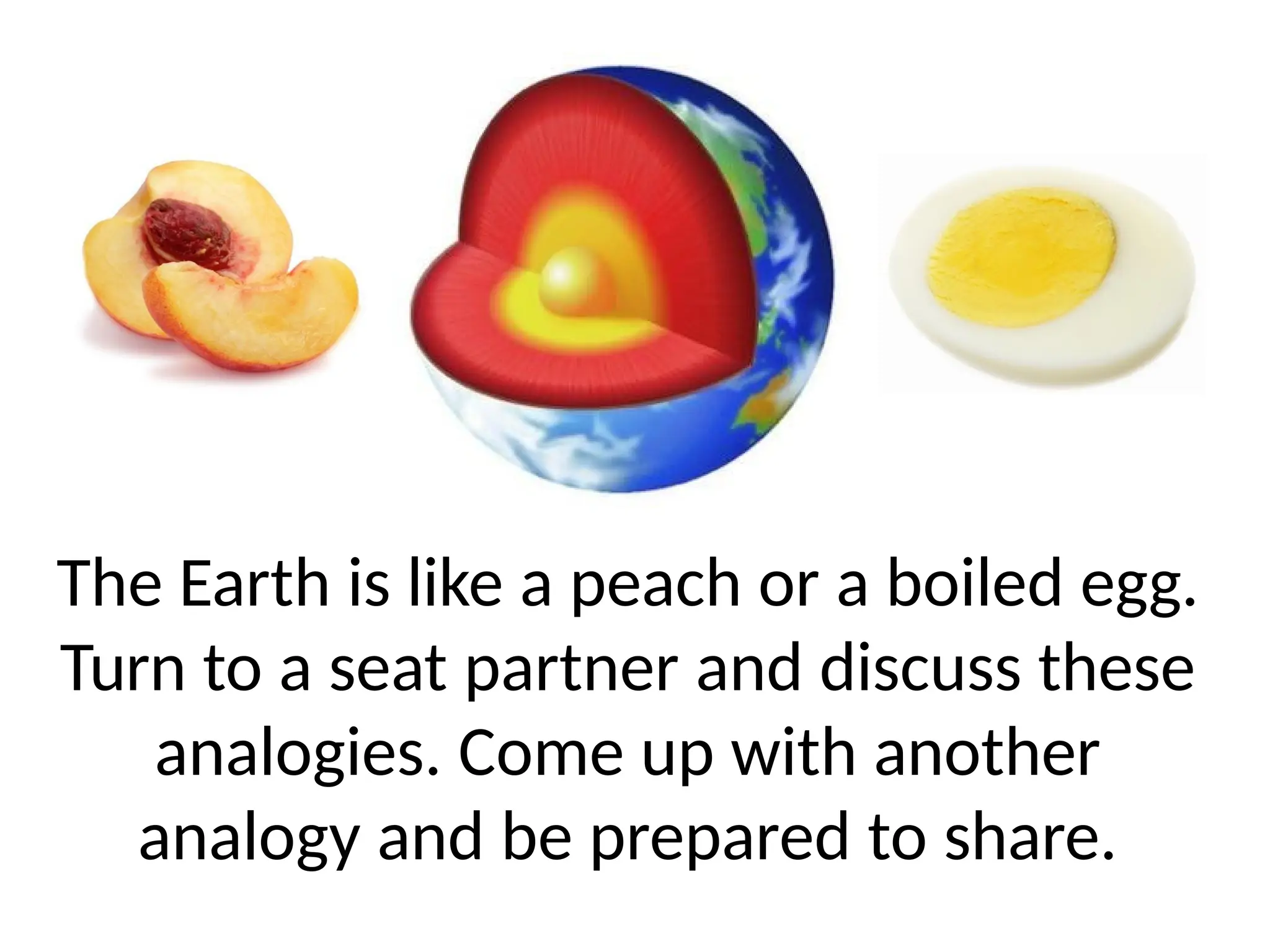 The Earth is like a peach or a boiled egg.
Turn to a seat partner and discuss these
analogies. Come up with another
analogy and be prepared to share.
 