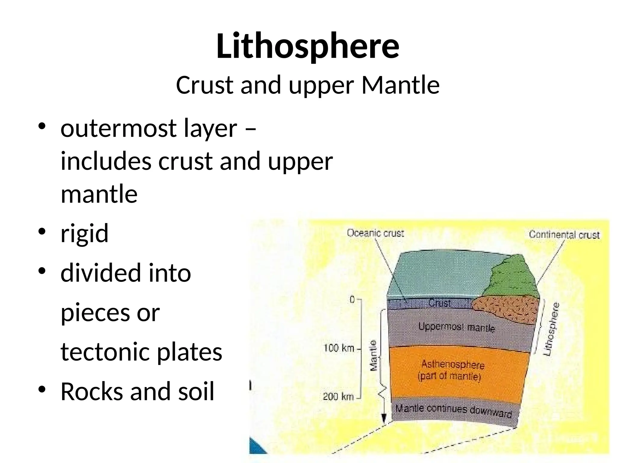 Lithosphere
Crust and upper Mantle
• outermost layer –
includes crust and upper
mantle
• rigid
• divided into
pieces or
tectonic plates
• Rocks and soil
 