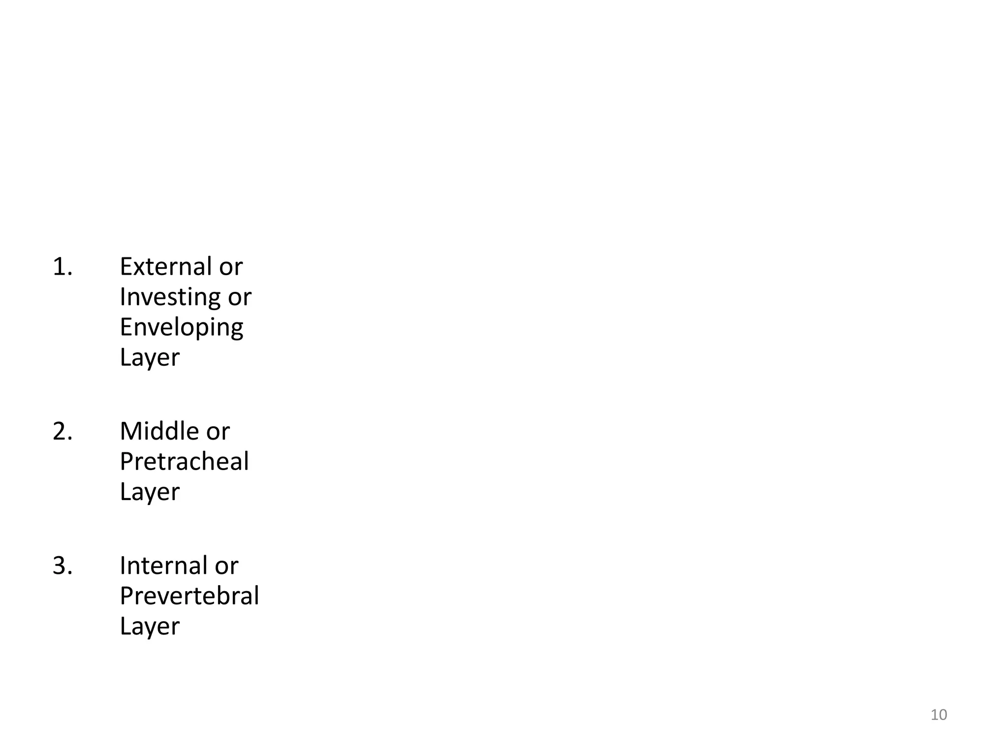 1.   External or
     Investing or
     Enveloping
     Layer

2.   Middle or
     Pretracheal
     Layer

3.   Internal or
     Prevertebral
     Layer


                    10
 
