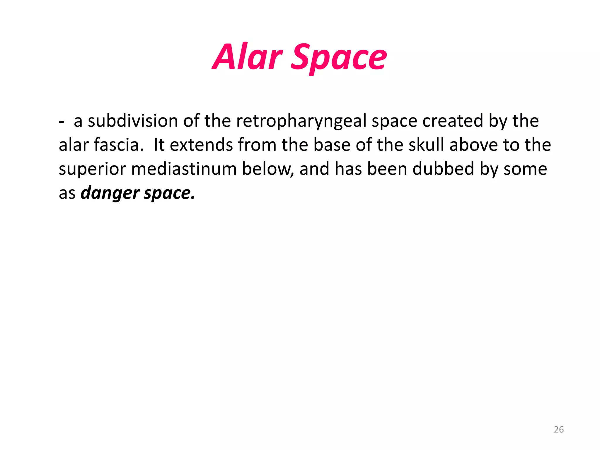 Alar Space
- a subdivision of the retropharyngeal space created by the
alar fascia. It extends from the base of the skull above to the
superior mediastinum below, and has been dubbed by some
as danger space.




                                                                  26
 