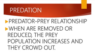 PREDATION
PREDATOR-PREY RELATIONSHIP
WHEN ARE REMOVED OR
REDUCED, THE PREY
POPULATION INCREASES AND
THEY CROWD OUT.
 