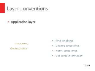 24 / 76
Layer conventions
Communication with:
➤ HTTP client
➤ Database
➤ Filesystem
➤ Email server
➤ Message broker
Connec...