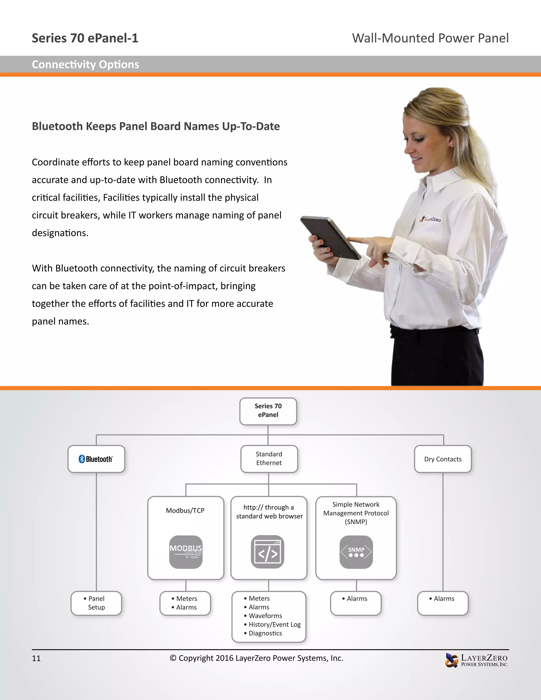 Bluetooth Keeps Panel Board Names Up-To-Date
Coordinate efforts to keep panel board naming conventions
accurate and up-to-date with Bluetooth connectivity. In
critical facilities, Facilities typically install the physical
circuit breakers, while IT workers manage naming of panel
designations.
With Bluetooth connectivity, the naming of circuit breakers
can be taken care of at the point-of-impact, bringing
together the efforts of facilities and IT for more accurate
panel names.
Modbus/TCP http:// through a
standard web browser
Simple Network
Management Protocol
(SNMP)
Standard
Ethernet
Dry Contacts
• Meters
• Alarms
• Alarms • Alarms• Panel
Setup
• Meters
• Alarms
• Waveforms
• History/Event Log
• Diagnostics
Series 70
ePanel
Wall-Mounted Power PanelSeries 70 ePanel-1
11 © Copyright 2016 LayerZero Power Systems, Inc.
Connectivity Options
 