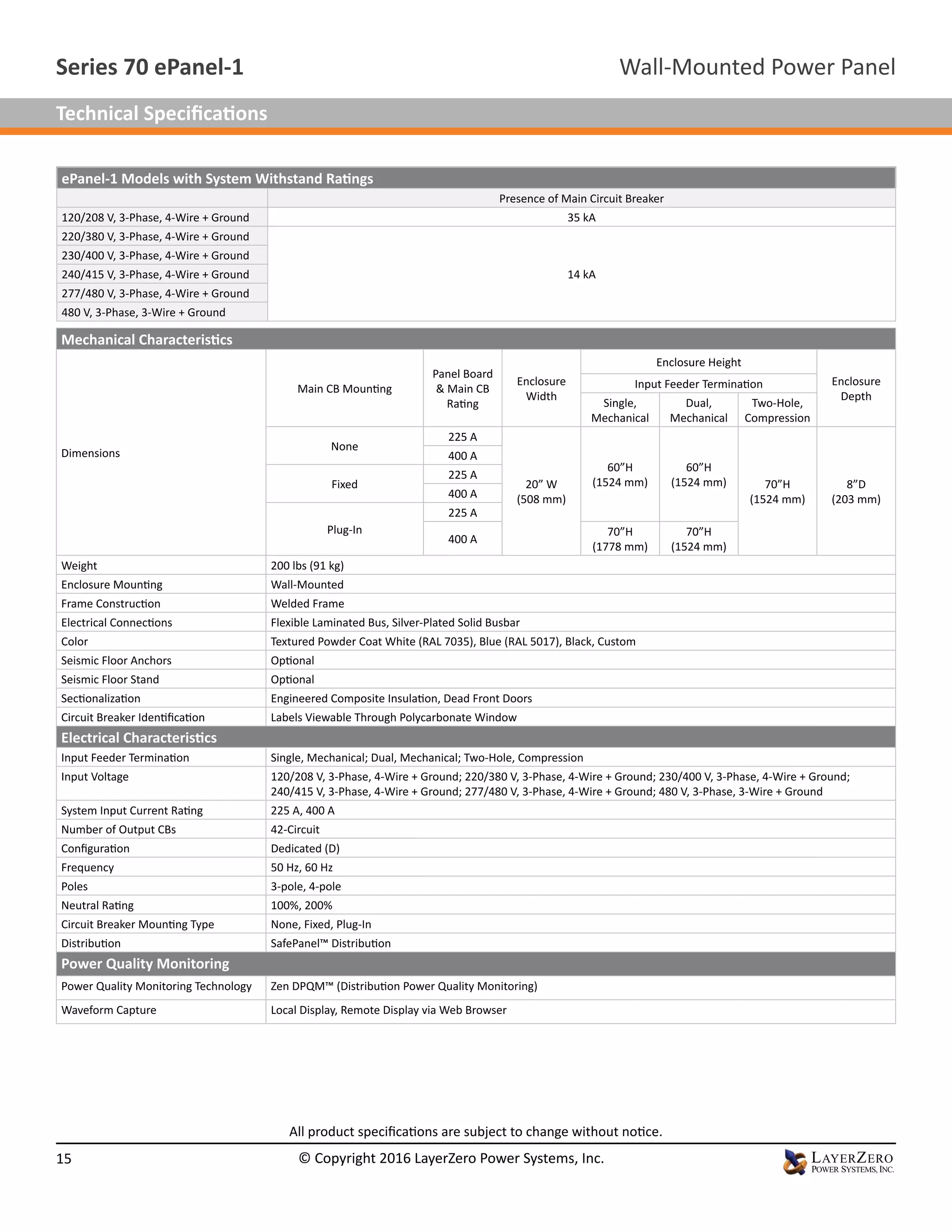 ePanel-1 Models with System Withstand Ratings
Presence of Main Circuit Breaker
120/208 V, 3-Phase, 4-Wire + Ground 35 kA
220/380 V, 3-Phase, 4-Wire + Ground
14 kA
230/400 V, 3-Phase, 4-Wire + Ground
240/415 V, 3-Phase, 4-Wire + Ground
277/480 V, 3-Phase, 4-Wire + Ground
480 V, 3-Phase, 3-Wire + Ground
Mechanical Characteristics
Dimensions
Main CB Mounting
Panel Board
& Main CB
Rating
Enclosure
Width
Enclosure Height
Enclosure
Depth
Input Feeder Termination
Single,
Mechanical
Dual,
Mechanical
Two-Hole,
Compression
None
225 A
20” W
(508 mm)
60”H
(1524 mm)
60”H
(1524 mm) 70”H
(1524 mm)
8”D
(203 mm)
400 A
Fixed
225 A
400 A
Plug-In
225 A
400 A
70”H
(1778 mm)
70”H
(1524 mm)
Weight 200 lbs (91 kg)
Enclosure Mounting Wall-Mounted
Frame Construction Welded Frame
Electrical Connections Flexible Laminated Bus, Silver-Plated Solid Busbar
Color Textured Powder Coat White (RAL 7035), Blue (RAL 5017), Black, Custom
Seismic Floor Anchors Optional
Seismic Floor Stand Optional
Sectionalization Engineered Composite Insulation, Dead Front Doors
Circuit Breaker Identification Labels Viewable Through Polycarbonate Window
Electrical Characteristics
Input Feeder Termination Single, Mechanical; Dual, Mechanical; Two-Hole, Compression
Input Voltage 120/208 V, 3-Phase, 4-Wire + Ground; 220/380 V, 3-Phase, 4-Wire + Ground; 230/400 V, 3-Phase, 4-Wire + Ground;
240/415 V, 3-Phase, 4-Wire + Ground; 277/480 V, 3-Phase, 4-Wire + Ground; 480 V, 3-Phase, 3-Wire + Ground
System Input Current Rating 225 A, 400 A
Number of Output CBs 42-Circuit
Configuration Dedicated (D)
Frequency 50 Hz, 60 Hz
Poles 3-pole, 4-pole
Neutral Rating 100%, 200%
Circuit Breaker Mounting Type None, Fixed, Plug-In
Distribution SafePanel™ Distribution
Power Quality Monitoring
Power Quality Monitoring Technology Zen DPQM™ (Distribution Power Quality Monitoring)
Waveform Capture Local Display, Remote Display via Web Browser
All product specifications are subject to change without notice.
Wall-Mounted Power PanelSeries 70 ePanel-1
15 © Copyright 2016 LayerZero Power Systems, Inc.
Technical Specifications
 