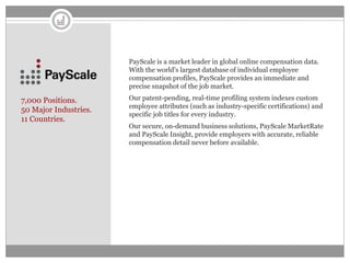 PayScale is a market leader in global online compensation data.
                       With the world's largest database of individual employee
                       compensation profiles, PayScale provides an immediate and
                       precise snapshot of the job market.

7,000 Positions.       Our patent-pending, real-time profiling system indexes custom
                       employee attributes (such as industry-specific certifications) and
50 Major Industries.
                       specific job titles for every industry.
11 Countries.
                       Our secure, on-demand business solutions, PayScale MarketRate
                       and PayScale Insight, provide employers with accurate, reliable
                       compensation detail never before available.
 