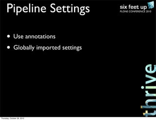 PLONE CONFERENCE 2010Pipeline Settings
• Use annotations
• Globally imported settings
Thursday, October 28, 2010
 