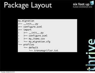 PLONE CONFERENCE 2010Package Layout
my.migration
!"" __init__.py
!"" configure.zcml
!"" import
#   !"" __init__.py
#   !"" configure.zcml
#   !"" my_items.csv
#   %"" my_migration.cfg
%"" profiles
%"" default
%"" transmogrifier.txt
Thursday, October 28, 2010
 