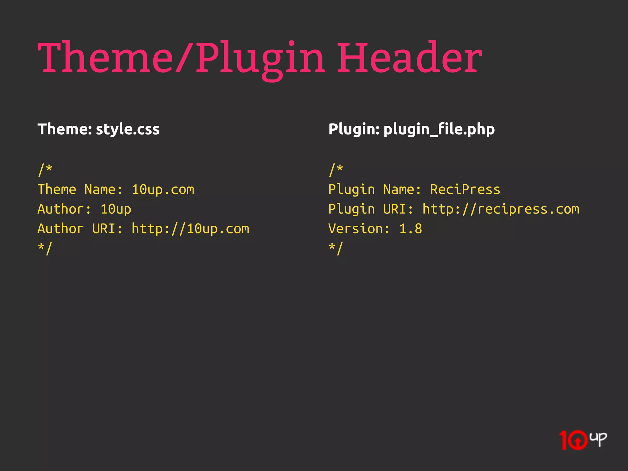 Theme/Plugin Header
Theme: style.css              Plugin: plugin_file.php

/*                            /*
Theme Name: 10up.com          Plugin Name: ReciPress
Author: 10up                  Plugin URI: http://recipress.com
Author URI: http://10up.com   Version: 1.8
*/                            */
 