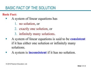 Slide 1.1- 5
© 2016 Pearson Education, Ltd.
BASIC FACT OF THE SOLUTION
 A system of linear equations has
1. no solution, or
2. exactly one solution, or
3. infinitely many solutions.
 A system of linear equations is said to be consistent
if it has either one solution or infinitely many
solutions.
 A system is inconsistent if it has no solution.
Basic Fact:
 