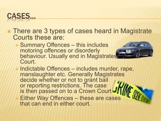 CASES... 
 There are 3 types of cases heard in Magistrate 
Courts these are: 
 Summary Offences – this includes 
motoring offences or disorderly 
behaviour. Usually end in Magistrates’ 
Court. 
 Indictable Offences – includes murder, rape, 
manslaughter etc. Generally Magistrates 
decide whether or not to grant bail 
or reporting restrictions. The case 
is then passed on to a Crown Court. 
 Either Way Offences – these are cases 
that can end in either court. 
 