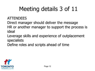 Page 10Meeting details 1 of 11LOCATIONConfidential room on-siteAway from employee’s work areaAway from manager’s officeAdditional or dual exit access
