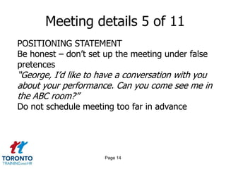 Page 12Meeting details 3 of 11ATTENDEESDirect manager should deliver the messageHR or another manager to support the process is idealLeverage skills and experience of outplacement specialistsDefine roles and scripts ahead of time