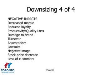 Page 28Downsizing 2 of 4REDUCING THE IMPACT OF DOWNSIZING Do it once – identify a group if necessary and get it over with.Handle the situation with sensitivity. Have a package ready - provide employees with information regarding their benefits, eligibility for unemployment insurance, any severance payments or other information you think they will need - before they leave the meeting.Communicate – communicate – communicate.