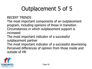 Page 34Outplacement 3 of 5ONLINECreation of a customized resumeCreation of a customized cover letterCreation or revision of social media profilesGuidance on contributing to blogs and forumsDatabase of contactsAccess to a computerized career transition tool
