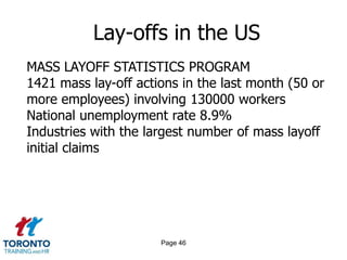 Page 44Tackling survivor syndromeMASS LAYOFF STATISTICS PROGRAM1421 mass lay-off actions in the last month (50 or more employees) involving 130000 workersNational unemployment rate 8.9%Industries with the largest number of mass layoff initial claims