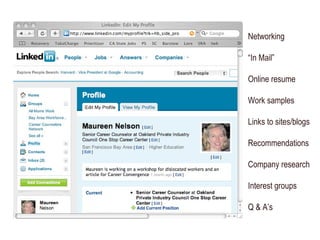 Networking “ In Mail” Online resume Work samples Links to sites/blogs Recommendations Company research Interest groups Q & A’s 
