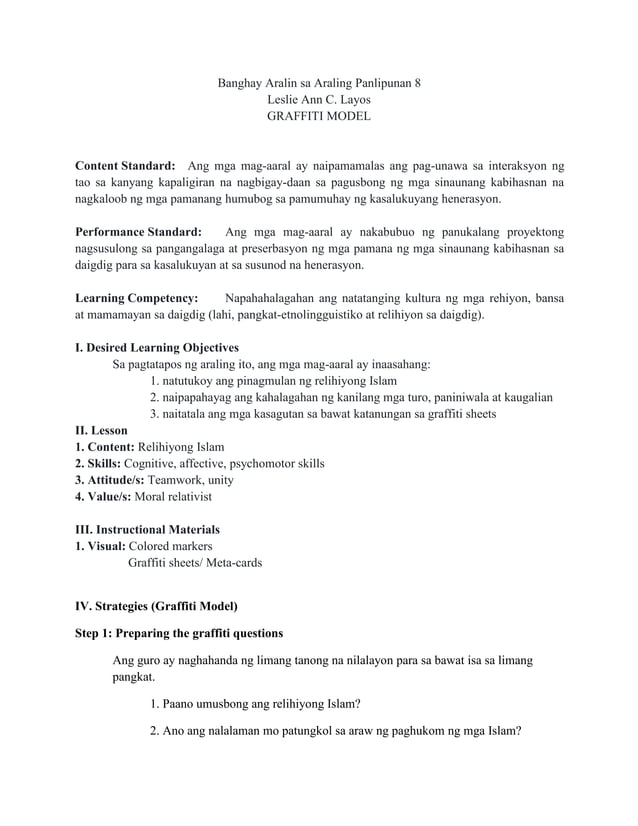 Banghay Aralin sa Araling Panlipunan 8 (Graffiti Model) PDF