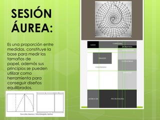 SESIÓN ÁUREA:Es una proporción entre medidas, constituye la base para medir los tamaños de papel, además sus principios se pueden utilizar como herramienta para conseguir diseños equilibrados.