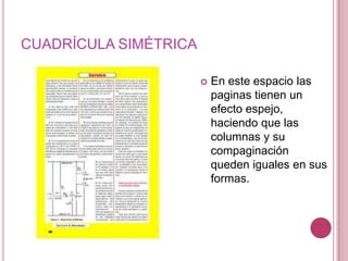 CUADRÍCULA SIMÉTRICAEn este espacio las paginas tienen un efecto espejo, haciendo que las columnas y su compaginación queden iguales en sus formas.