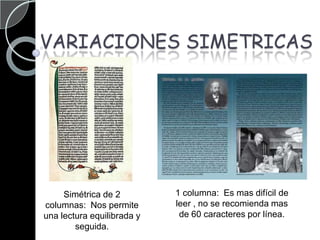 VARIACIONES SIMETRICAS1 columna:  Es mas difícil de leer , no se recomienda mas de 60 caracteres por línea.Simétrica de 2 columnas:  Nos permite una lectura equilibrada y seguida.