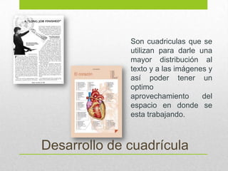 Son cuadriculas que se
              utilizan para darle una
              mayor distribución al
              texto y a las imágenes y
              así poder tener un
              optimo
              aprovechamiento      del
              espacio en donde se
              esta trabajando.



Desarrollo de cuadrícula
 