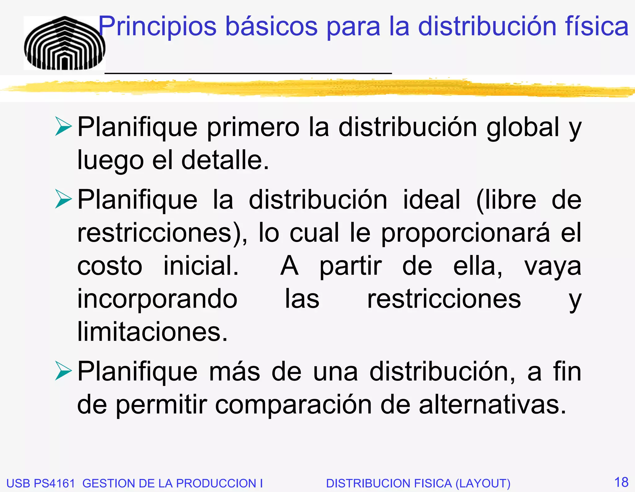 Principios básicos para la distribución física
              _____________________________


          Planifique primero la distribución global y
          luego el detalle.
          Planifique la distribución ideal (libre de
          restricciones), lo cual le proporcionará el
          costo inicial. A partir de ella, vaya
          incorporando       las    restricciones   y
          limitaciones.
          Planifique más de una distribución, a fin
          de permitir comparación de alternativas.

USB PS4161 GESTION DE LA PRODUCCION I   DISTRIBUCION FISICA (LAYOUT)   18
 