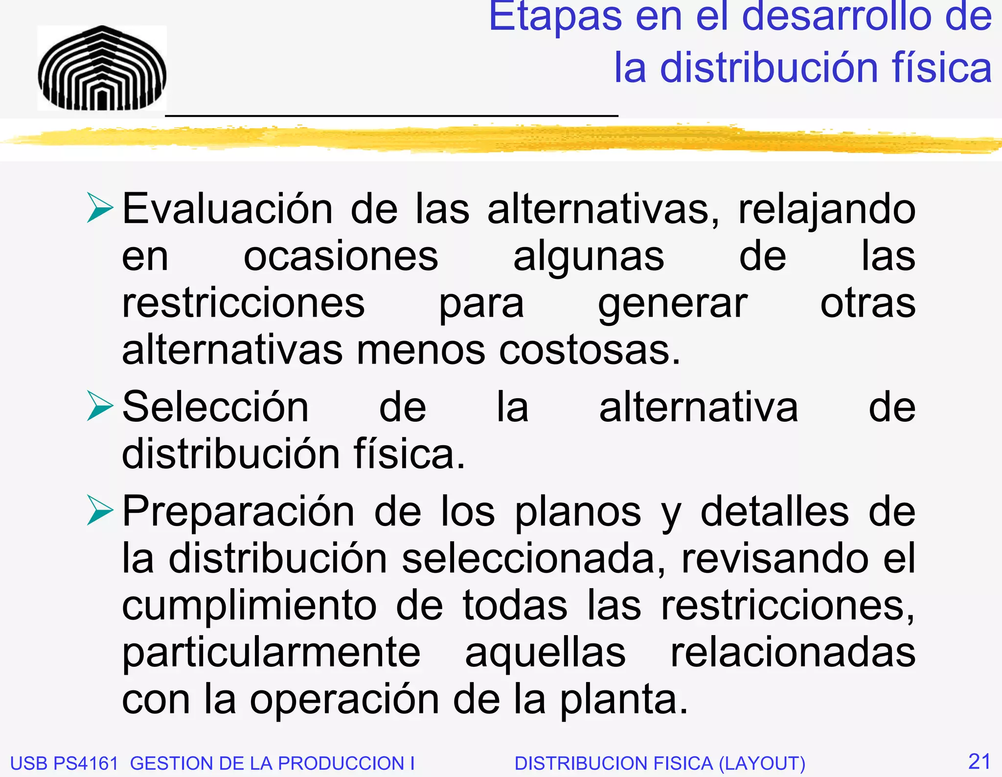 Etapas en el desarrollo de
                                              la distribución física
              _____________________________


          Evaluación de las alternativas, relajando
          en      ocasiones     algunas     de    las
          restricciones     para    generar     otras
          alternativas menos costosas.
          Selección      de    la   alternativa    de
          distribución física.
          Preparación de los planos y detalles de
          la distribución seleccionada, revisando el
          cumplimiento de todas las restricciones,
          particularmente aquellas relacionadas
          con la operación de la planta.
USB PS4161 GESTION DE LA PRODUCCION I    DISTRIBUCION FISICA (LAYOUT)   21
 