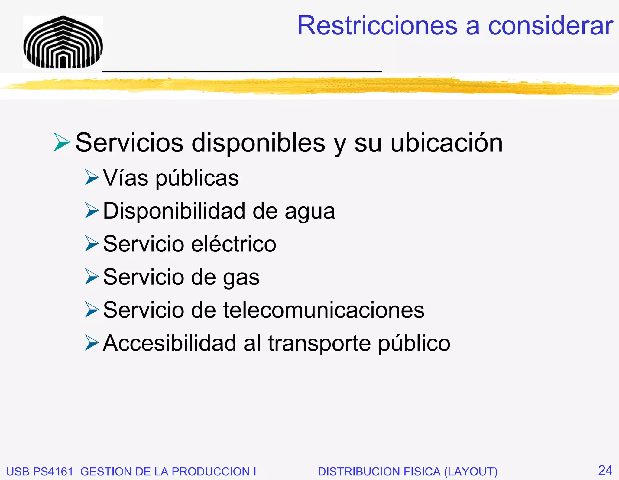 Restricciones a considerar
              _____________________________



          Servicios disponibles y su ubicación
              Vías públicas
              Disponibilidad de agua
              Servicio eléctrico
              Servicio de gas
              Servicio de telecomunicaciones
              Accesibilidad al transporte público




USB PS4161 GESTION DE LA PRODUCCION I    DISTRIBUCION FISICA (LAYOUT)   24
 