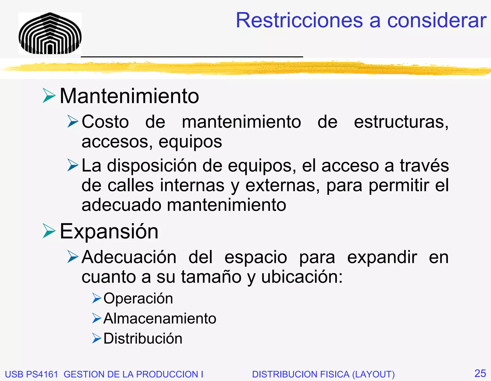 Restricciones a considerar
              _____________________________


          Mantenimiento
              Costo de mantenimiento de estructuras,
              accesos, equipos
              La disposición de equipos, el acceso a través
              de calles internas y externas, para permitir el
              adecuado mantenimiento
          Expansión
              Adecuación del espacio para expandir en
              cuanto a su tamaño y ubicación:
                  Operación
                  Almacenamiento
                  Distribución

USB PS4161 GESTION DE LA PRODUCCION I    DISTRIBUCION FISICA (LAYOUT)   25
 