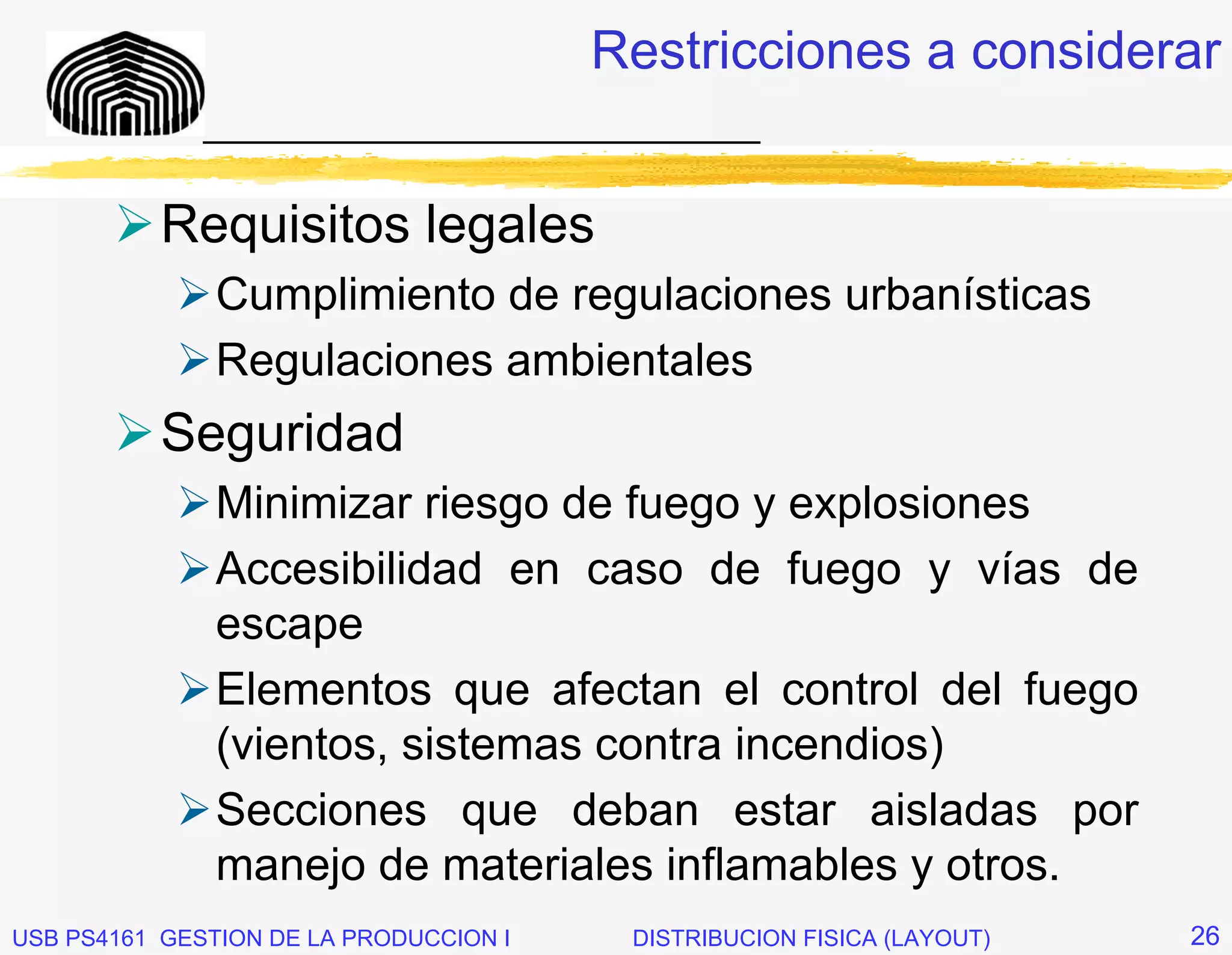 Restricciones a considerar
              _____________________________


           Requisitos legales
               Cumplimiento de regulaciones urbanísticas
               Regulaciones ambientales
           Seguridad
               Minimizar riesgo de fuego y explosiones
               Accesibilidad en caso de fuego y vías de
               escape
               Elementos que afectan el control del fuego
               (vientos, sistemas contra incendios)
               Secciones que deban estar aisladas por
               manejo de materiales inflamables y otros.
USB PS4161 GESTION DE LA PRODUCCION I    DISTRIBUCION FISICA (LAYOUT)   26
 