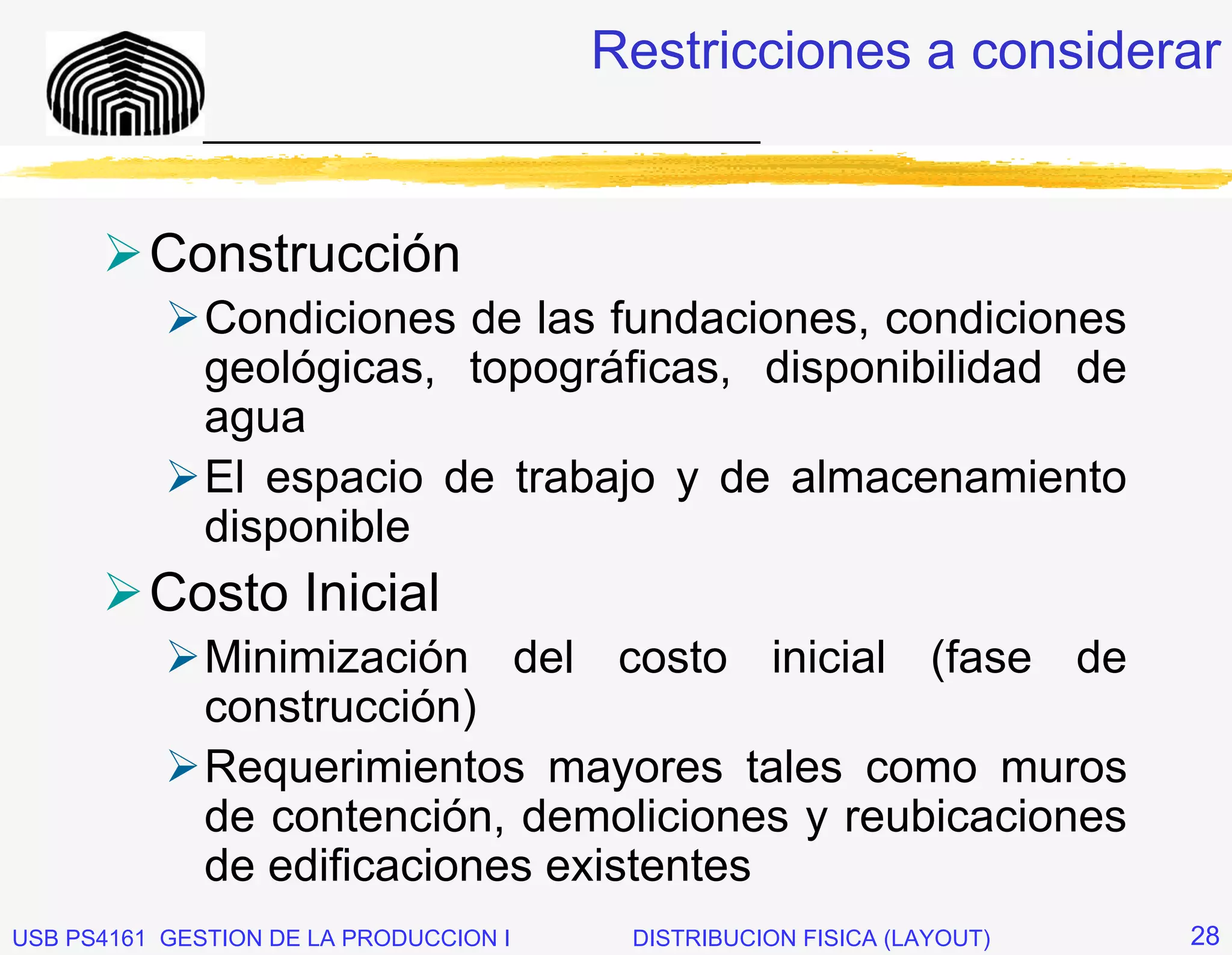 Restricciones a considerar
              _____________________________


          Construcción
              Condiciones de las fundaciones, condiciones
              geológicas, topográficas, disponibilidad de
              agua
              El espacio de trabajo y de almacenamiento
              disponible
          Costo Inicial
              Minimización del costo inicial (fase de
              construcción)
              Requerimientos mayores tales como muros
              de contención, demoliciones y reubicaciones
              de edificaciones existentes
USB PS4161 GESTION DE LA PRODUCCION I    DISTRIBUCION FISICA (LAYOUT)   28
 