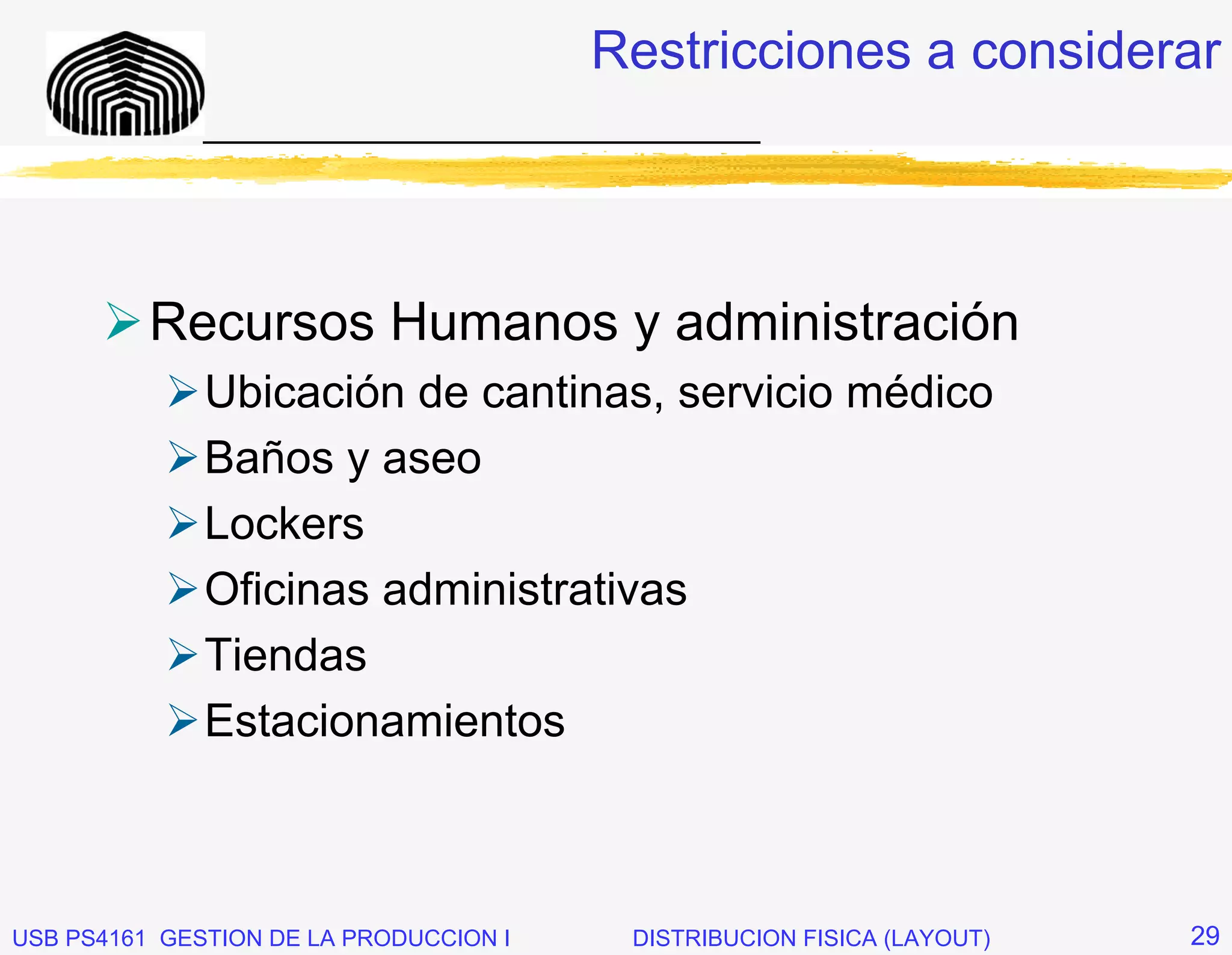 Restricciones a considerar
              _____________________________




          Recursos Humanos y administración
              Ubicación de cantinas, servicio médico
              Baños y aseo
              Lockers
              Oficinas administrativas
              Tiendas
              Estacionamientos



USB PS4161 GESTION DE LA PRODUCCION I    DISTRIBUCION FISICA (LAYOUT)   29
 