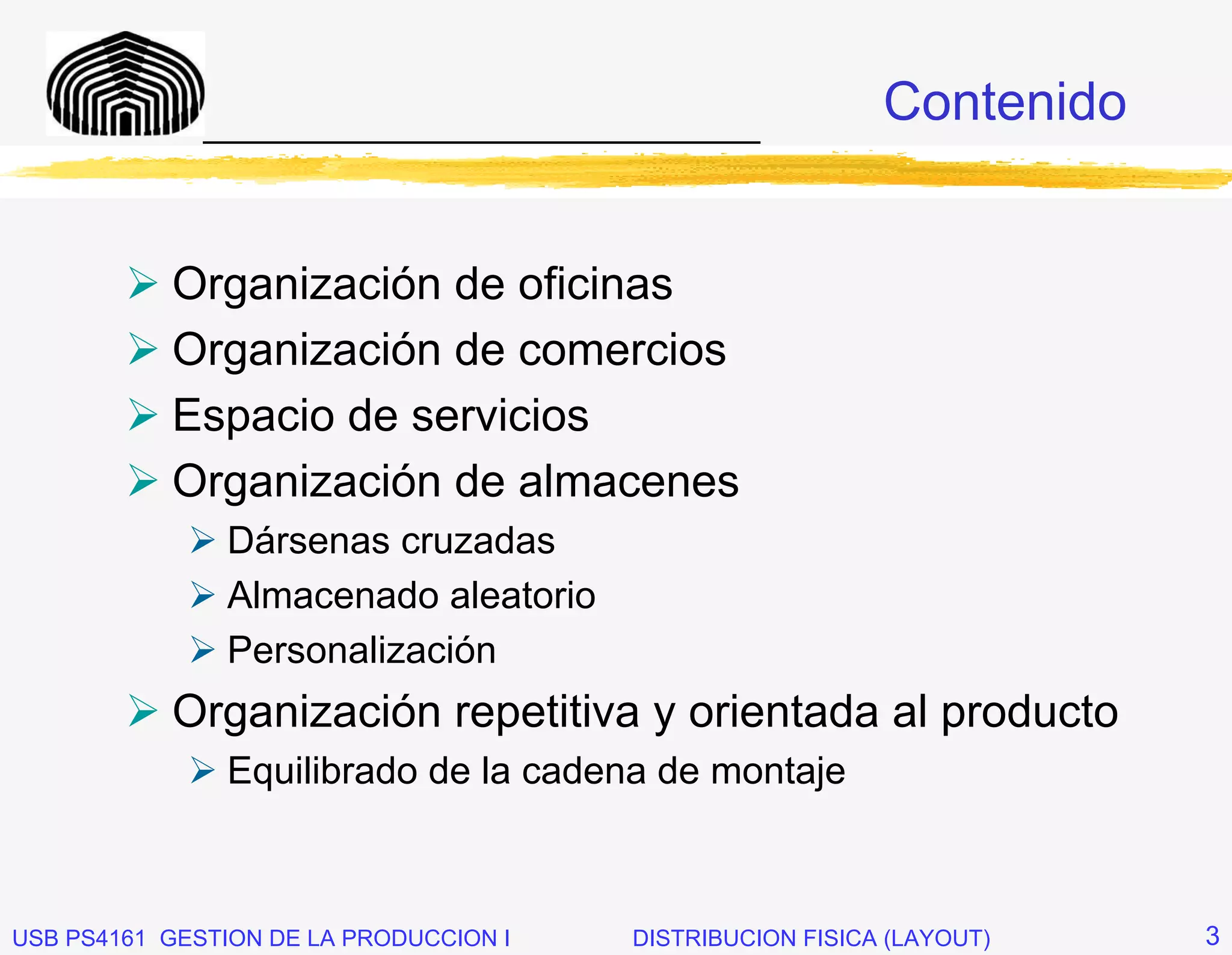 _____________________________
                                                           Contenido


           Organización de oficinas
           Organización de comercios
           Espacio de servicios
           Organización de almacenes
               Dársenas cruzadas
               Almacenado aleatorio
               Personalización
           Organización repetitiva y orientada al producto
               Equilibrado de la cadena de montaje



USB PS4161 GESTION DE LA PRODUCCION I   DISTRIBUCION FISICA (LAYOUT)   3
 