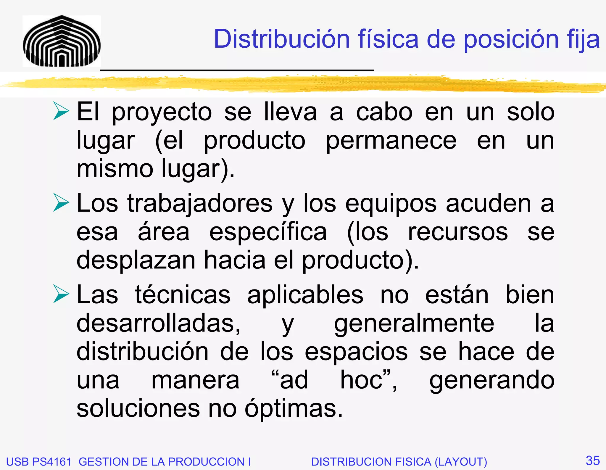Distribución física de posición fija
              _____________________________


          El proyecto se lleva a cabo en un solo
          lugar (el producto permanece en un
          mismo lugar).
          Los trabajadores y los equipos acuden a
          esa área específica (los recursos se
          desplazan hacia el producto).
          Las técnicas aplicables no están bien
          desarrolladas,    y   generalmente    la
          distribución de los espacios se hace de
          una manera “ad hoc”, generando
          soluciones no óptimas.
USB PS4161 GESTION DE LA PRODUCCION I   DISTRIBUCION FISICA (LAYOUT)   35
 