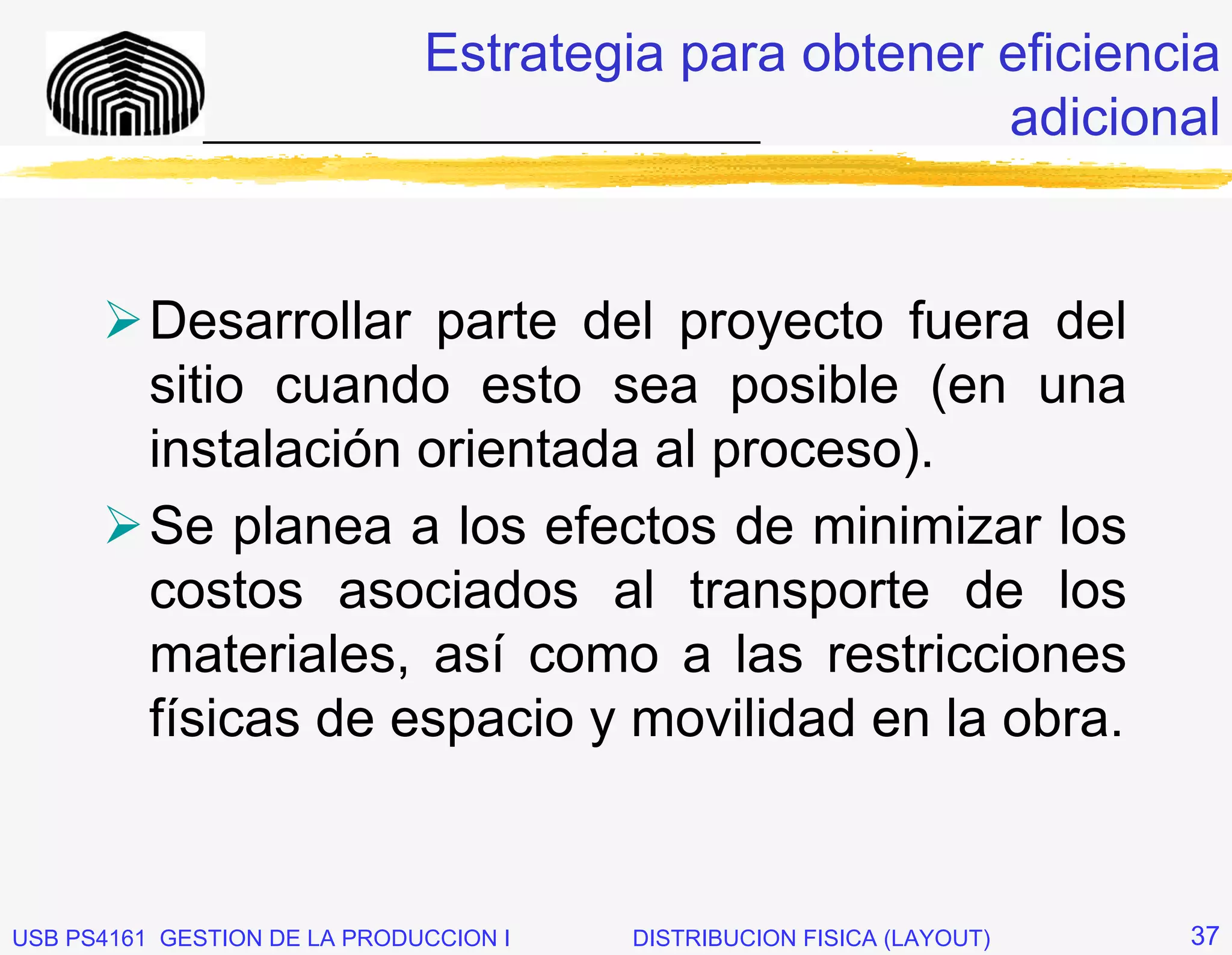 Estrategia para obtener eficiencia
              _____________________________      adicional


          Desarrollar parte del proyecto fuera del
          sitio cuando esto sea posible (en una
          instalación orientada al proceso).
          Se planea a los efectos de minimizar los
          costos asociados al transporte de los
          materiales, así como a las restricciones
          físicas de espacio y movilidad en la obra.


USB PS4161 GESTION DE LA PRODUCCION I   DISTRIBUCION FISICA (LAYOUT)   37
 
