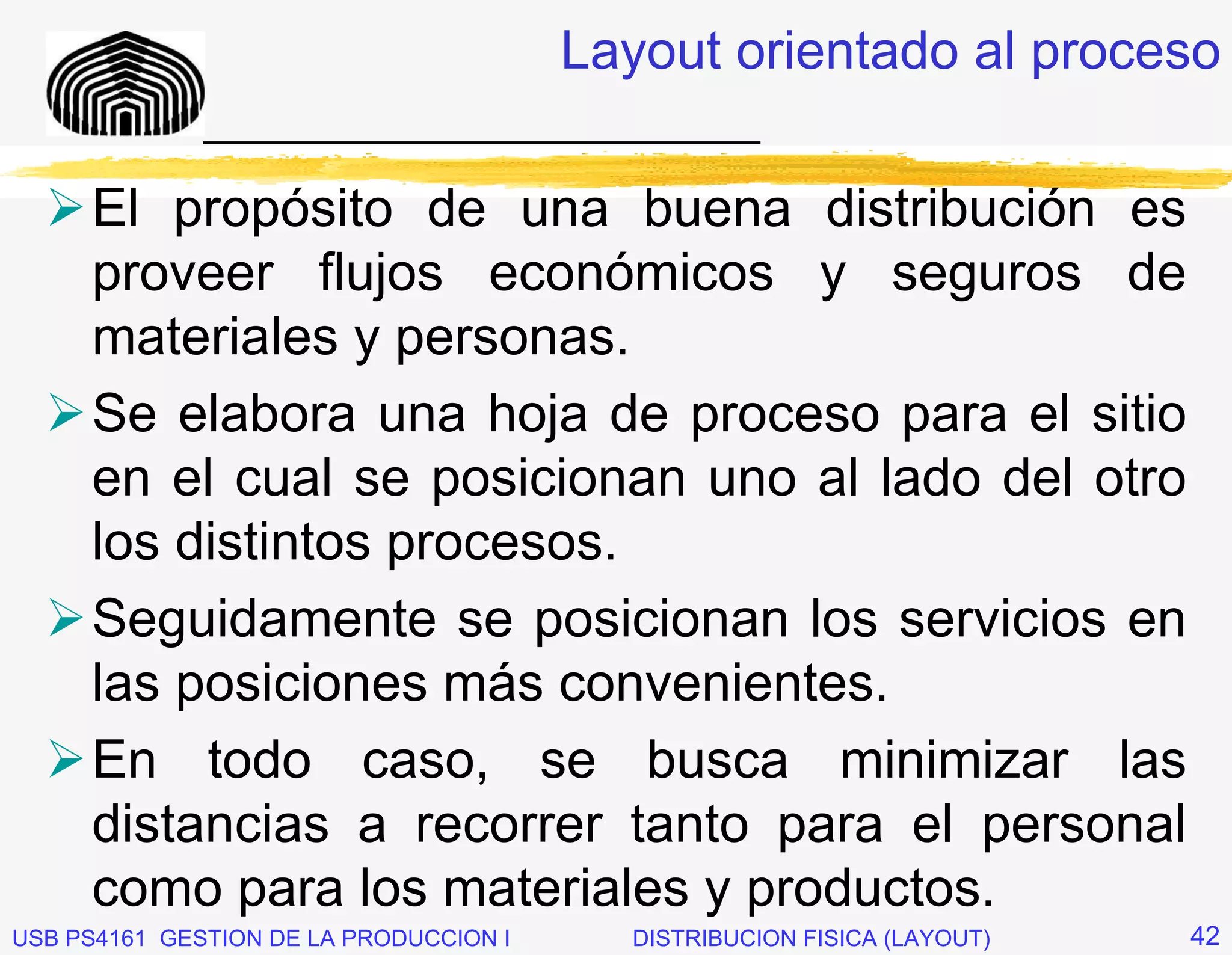 Layout orientado al proceso
              _____________________________

     El propósito de una buena distribución es
     proveer flujos económicos y seguros de
     materiales y personas.
     Se elabora una hoja de proceso para el sitio
     en el cual se posicionan uno al lado del otro
     los distintos procesos.
     Seguidamente se posicionan los servicios en
     las posiciones más convenientes.
     En todo caso, se busca minimizar las
     distancias a recorrer tanto para el personal
     como para los materiales y productos.
USB PS4161 GESTION DE LA PRODUCCION I     DISTRIBUCION FISICA (LAYOUT)   42
 