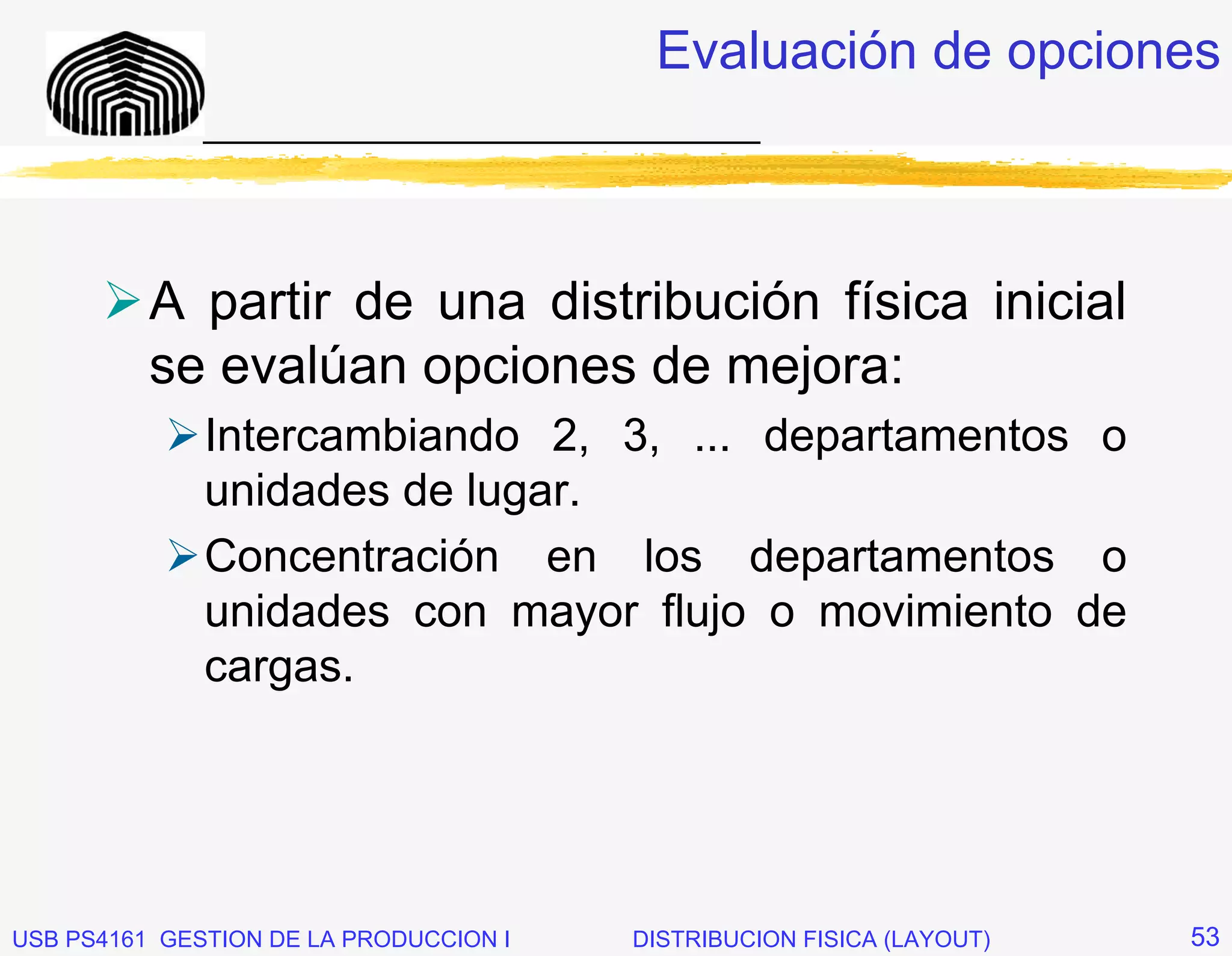 Evaluación de opciones
              _____________________________




          A partir de una distribución física inicial
          se evalúan opciones de mejora:
              Intercambiando 2, 3, ... departamentos o
              unidades de lugar.
              Concentración en los departamentos o
              unidades con mayor flujo o movimiento de
              cargas.




USB PS4161 GESTION DE LA PRODUCCION I   DISTRIBUCION FISICA (LAYOUT)   53
 