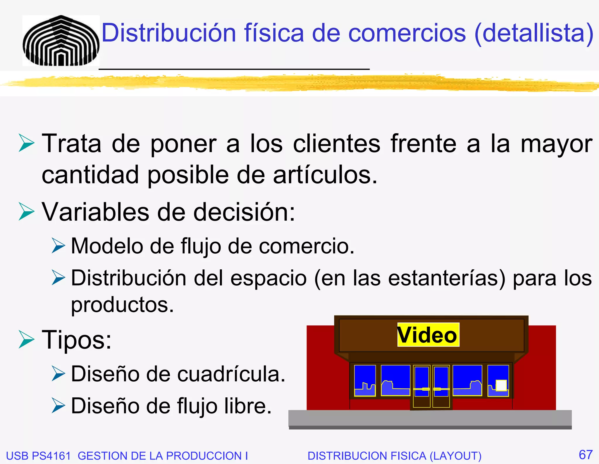 Distribución física de comercios (detallista)
              _____________________________




     Trata de poner a los clientes frente a la mayor
     cantidad posible de artículos.
     Variables de decisión:
        Modelo de flujo de comercio.
        Distribución del espacio (en las estanterías) para los
        productos.
     Tipos:                               Video
         Diseño de cuadrícula.
         Diseño de flujo libre.

USB PS4161 GESTION DE LA PRODUCCION I   DISTRIBUCION FISICA (LAYOUT)   67
 