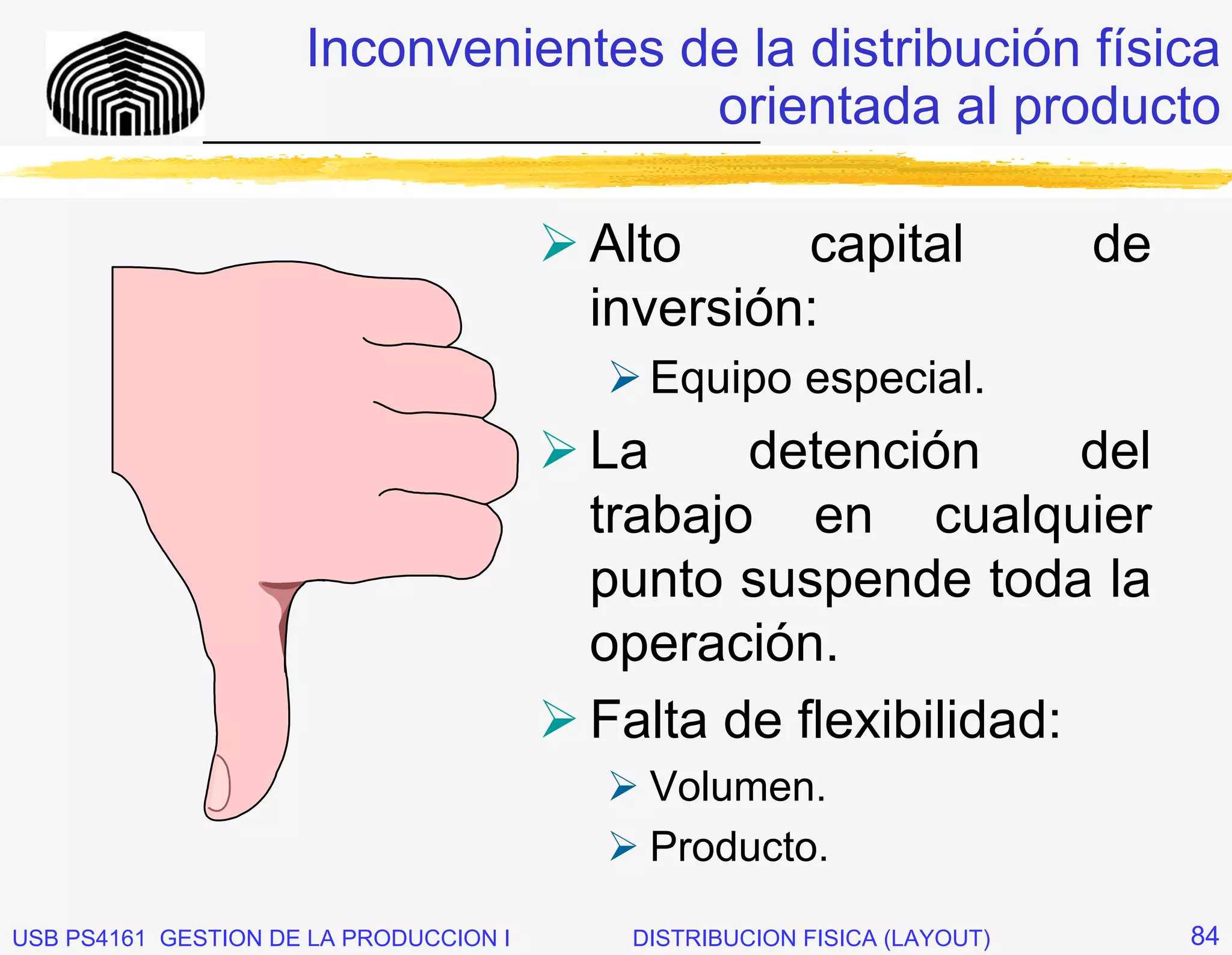 Inconvenientes de la distribución física
                                         orientada al producto
              _____________________________


                                        Alto     capital                de
                                        inversión:
                                          Equipo especial.
                                        La     detención       del
                                        trabajo en cualquier
                                        punto suspende toda la
                                        operación.
                                        Falta de flexibilidad:
                                          Volumen.
                                          Producto.

USB PS4161 GESTION DE LA PRODUCCION I    DISTRIBUCION FISICA (LAYOUT)        84
 