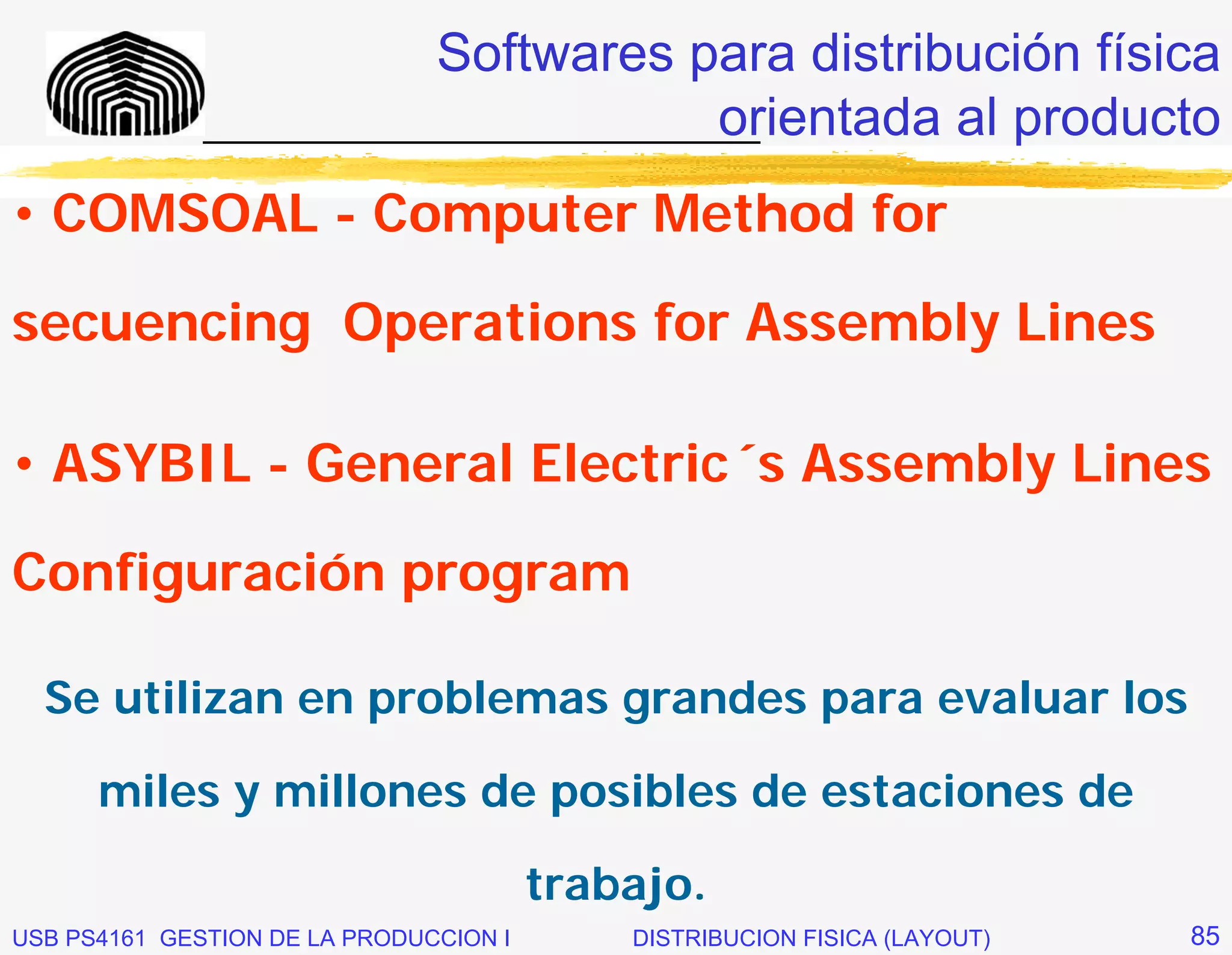 Softwares para distribución física
                                         orientada al producto
              _____________________________

• COMSOAL - Computer Method for

secuencing Operations for Assembly Lines

• ASYBIL - General Electric´s Assembly Lines

Configuración program

  Se utilizan en problemas grandes para evaluar los

      miles y millones de posibles de estaciones de

                                        trabajo.
USB PS4161 GESTION DE LA PRODUCCION I       DISTRIBUCION FISICA (LAYOUT)   85
 