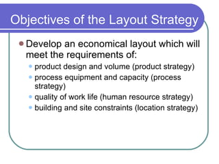 Objectives of the Layout Strategy Develop an economical layout which will meet the requirements of: product design and volume (product strategy) process equipment and capacity (process strategy) quality of work life (human resource strategy) building and site constraints (location strategy) 
