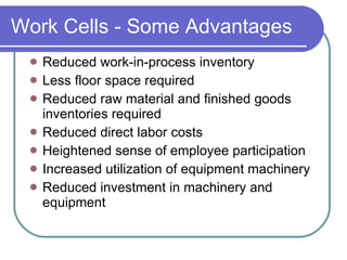 Work Cells - Some Advantages Reduced work-in-process inventory Less floor space required Reduced raw material and finished goods inventories required Reduced direct labor costs Heightened sense of employee participation Increased utilization of equipment machinery Reduced investment in machinery and equipment 