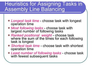 Heuristics for Assigning Tasks in Assembly Line Balancing Longest task time  - choose task with longest operation time Most following tasks  - choose task with largest number of following tasks Ranked positional  weight   - choose task where the sum of the times for each following task is longest Shortest task time  - choose task with shortest operation time Least number of following tasks  - choose task with fewest subsequent tasks 