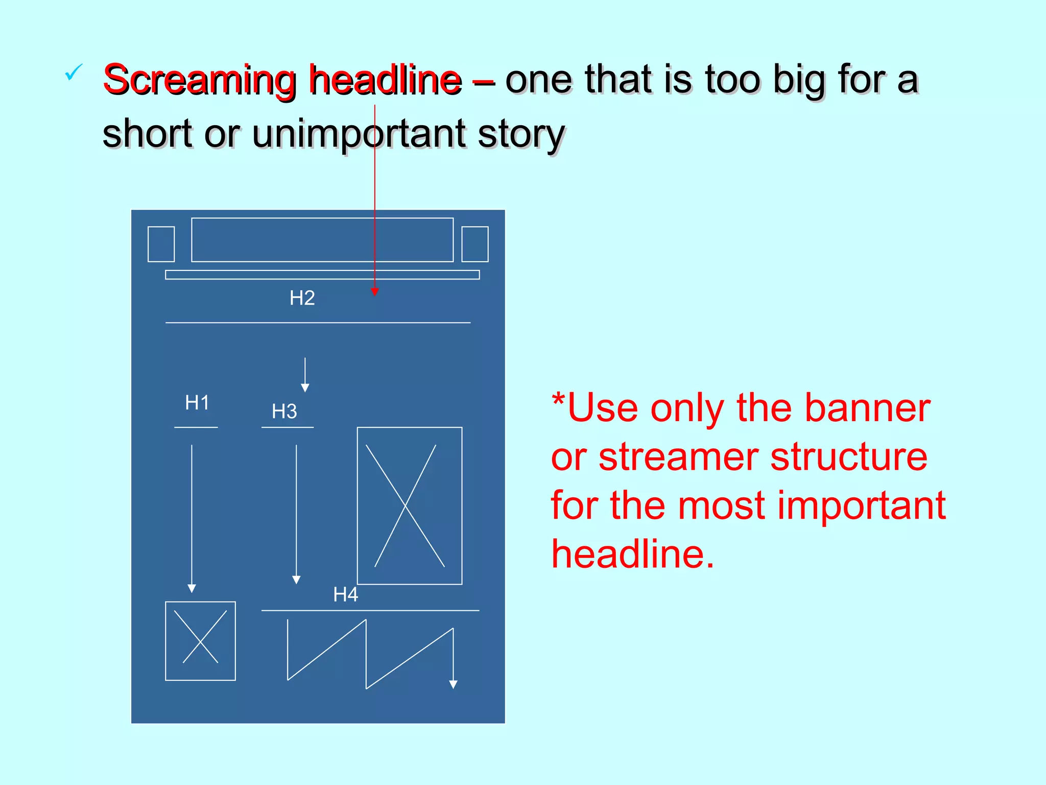  Screaming headline –Screaming headline – one that isone that is too big for atoo big for a
short or unimportant storyshort or unimportant story
H2
H1 H3
H4
*Use only the banner
or streamer structure
for the most important
headline.
 