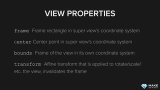 VIEW PROPERTIES
frame Frame rectangle in super view’s coordinate system
center Center point in super view’s coordinate system
bounds Frame of the view in its own coordinate system
transform Aﬃne transform that is applied to rotate/scale/
etc. the view, invalidates the frame
 