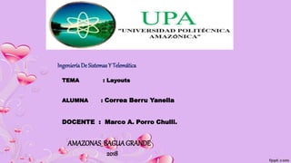 TEMA : Layouts
ALUMNA : Correa Berru Yanella
DOCENTE : Marco A. Porro Chulli.
AMAZONAS_ BAGUAGRANDE
2018
IngenieríaDe Sistemas Y Telemática
 